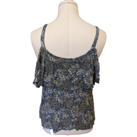 Womens Cold Shoulder Floral Blouse Blue Black Top Cottage Whimsical Vacay Sz XL - Picture 5 of 7